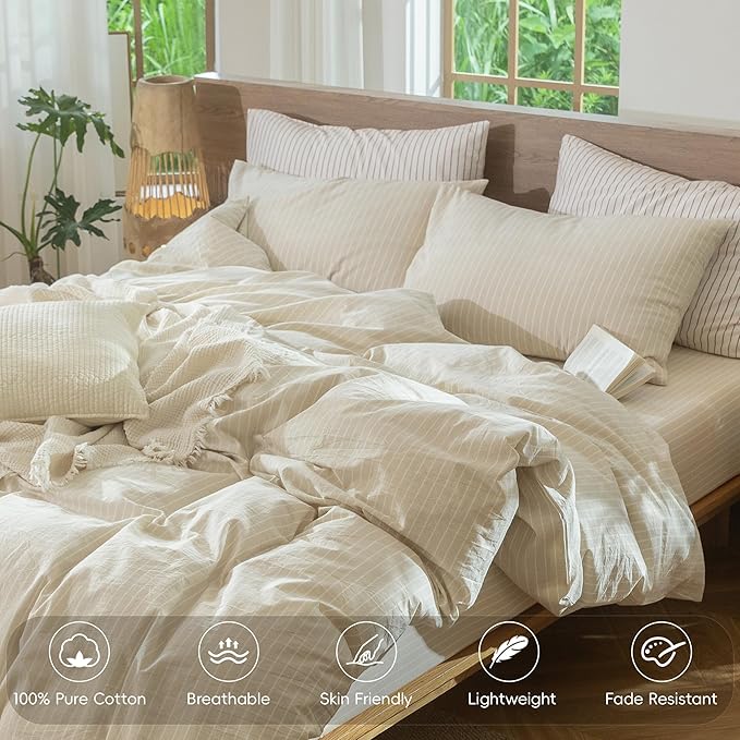 MooMee Striped Duvet Cover Set 100% Washed Cotton Linen Like Textured Breathable Durable Soft Comfy (Almond Milk Grey White Wide Stripes, Palatial King/Oversized King 120"x98")