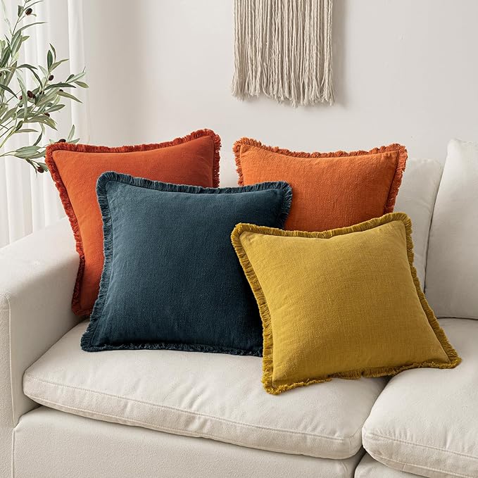 MIULEE Decorative Throw Pillow Covers Neutral Linen Fringe Throw Pillows Set of 2 Burnt Orange Boho Farmhouse Cushion Covers with Tassels for Couch Sofa Bed Living Room Home Decor 24x24 Inch