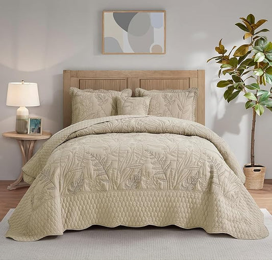 Botanical Oversized Bedspread Queen Size - Leaves Pattern Stitching Quilt Set - Elegant & Fresh Style Bedding Coverlets, Reversible, Lightweight, 5 Piece, Taupe