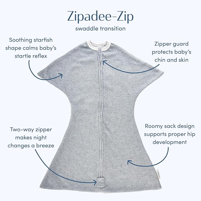 SleepingBaby Zipadee-Zip Transition Swaddle - Cozy Fleece Wearable Blanket with Two-Way Zipper for Baby Sleep - Heather Grey, Large (12-24 Month)