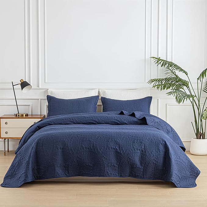 SheRest Twin Quilt Bedding Set - Soft Breathable Bed Quilt, Modern Style Embossed Bedspreads, Lightweight Microfiber Reversible Coverlet for All Seasons, Navy Blue, 1 Quilt&1 Pillow Sham