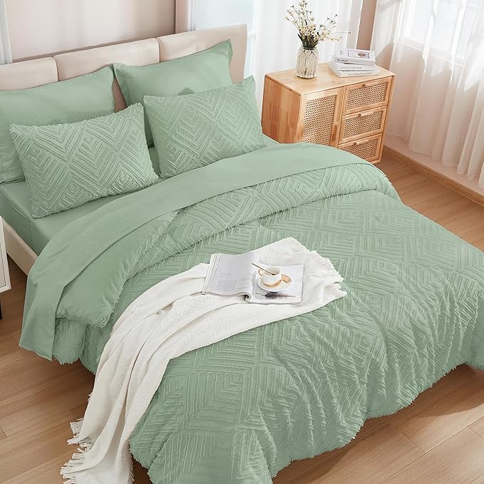 Andency Oversized King Size Comforter Set 7 Pieces Sage Green - Bed in a Bag Oversized King Boho Lightweight Fluffy Tufted Bedding Sets with Comforter, Sheets, Pillowcases & Shams