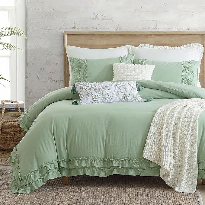 Bedorm Sage Green Ruffled Duvet Cover Twin Size Bedding Set Pleated Lace Ruffle Shabby Chic Bedroom Decor Extra Soft Cozy Farmhouse Country Style Duvet Cover Sets
