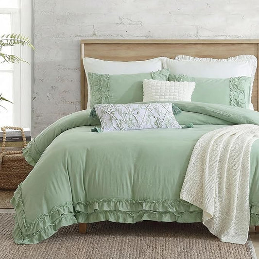 Bedorm Sage Green Ruffled Duvet Cover Queen Size Bedding Set Pleated Lace Ruffle Shabby Chic Bedroom Decor Extra Soft Cozy Farmhouse Country Style Duvet Cover Sets