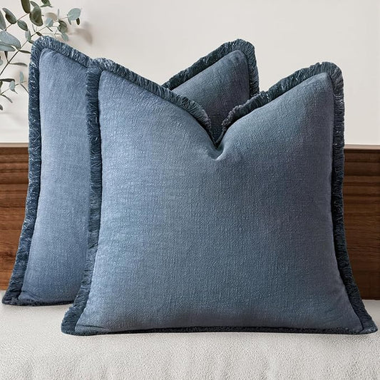MIULEE Decorative Throw Pillow Covers Neutral Linen Fringe Throw Pillows Set of 2 Blue Ashes Boho Farmhouse Cushion Covers with Tassels for Couch Sofa Bed Spring Home Decor 20x20 Inch