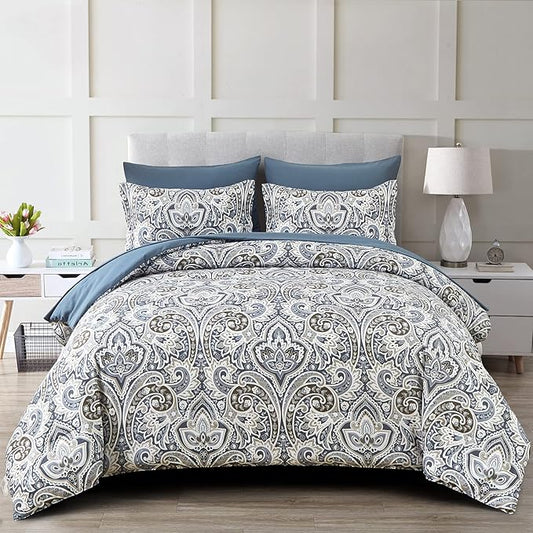 Drucon Blue Paisley Comforter Set King,7 Pieces Bed in a Bag Comforter Boho Paisley Pattern Bedding Set Soft Microfiber(1 Comforter,1 Flat Sheet, 1 Fitted Sheet,2 Pillowcases, 2 Pillow Shams)