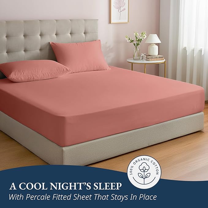 LANE LINEN 100% Organic Cotton Queen Size Fitted Sheet Only (+Pillowcases) 3-Piece Set Soft & Comfy Hotel Style Percale Weave Fully Elasticized Deep Pocket Queen Fitted 15" Deep - Rose Dawn