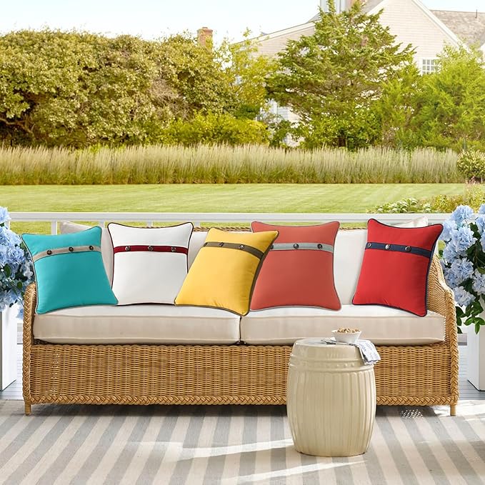 Outdoor Sunbrella Decorative Pillows with Triple Coconut Buttons Pack of 4, 16" x 16" Outdoor Pillow Set for Couch Bed Throw Patio Sofa, Spectrum Eggshell/Spectrum Ruby
