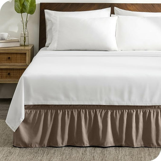 Bare Home Wrap Around Bed Skirt - for Twin Size Beds with 15 inch Tailored Drop - Easy Fit Elastic Strap - Adjustable and Ruffled Style - Wrinkle, Fade, and Stain Free (Twin, Taupe)