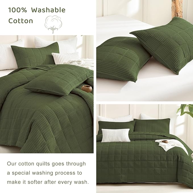 Sanracie Oversized King Quilt (120"x120"), Cotton Olive Green Waffle Weave Quilt Bedding Set 3Pcs Extra Wide Large Soft Breathable Luxury Aesthetic Bedding Coverlet for All Season