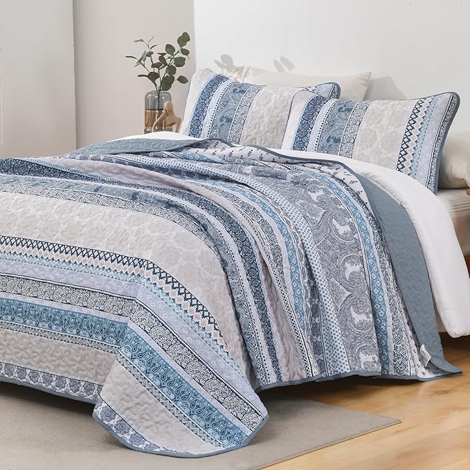 WONGS BEDDING Boho Quilt Set Twin Size, Blue Bohemian 2 Pieces Quilt Sets, Lightweight Bedspread Coverlet Bedding Set for All Season (68"x86")