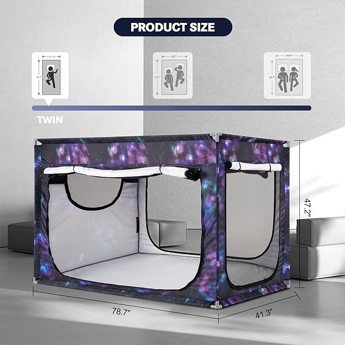 Twin Bed Canopy Portable Blackout Bed Tent Privacy Tent for Adult Indoor Sleeping with 3 Doors, Storage Bag, Galaxy