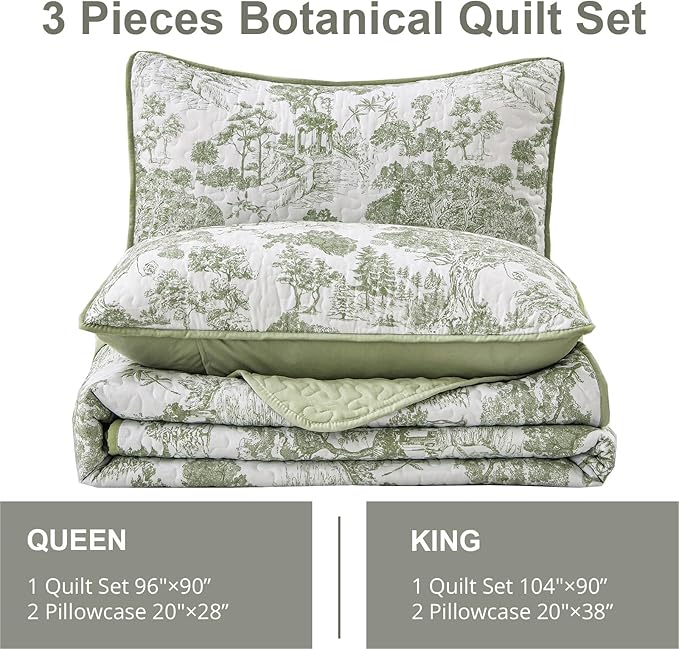 WONGS BEDDING Botanical Quilt Set Twin Size, Sage Green 3 Pieces Toile Floral Plants Printed Bedspread Bedding Set Soft Lightweight Microfiber Coverlet Set for All Season (86"×68")