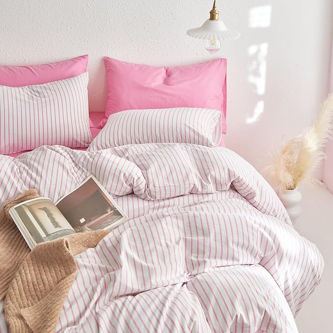 Wake In Cloud - Striped Cotton Duvet Cover Set, Ticking Stripe Vertical Pinstripe Farmhouse, 100% Washed Cotton Textured Percale Bedding Set, 3 Pieces, Pink White, Queen Size