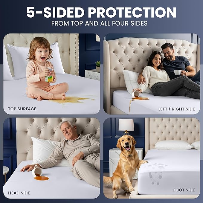 Utopia Bedding Waterproof 5-Sided Mattress Protector King Size, Premium Breathable Mattress Cover, Fitted Style with Stretchable Pockets (White)