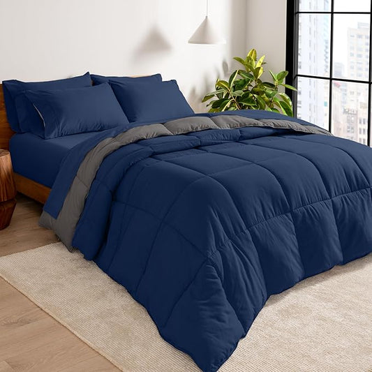 Bare Home Reversible Bed-in-A-Bag Comforter & Sheet Set - California King - Down Alternative - Soft - Bedding Set (Cal King, Dark Blue/Grey, Dark Blue)