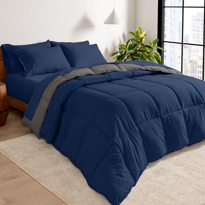 Bare Home Reversible Bed-in-A-Bag Comforter & Sheet Set - Full - Down Alternative - Soft - Bedding Set (Full, Dark Blue/Grey, Dark Blue)
