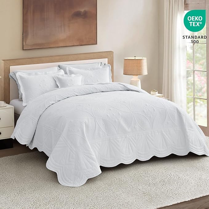 Bedspread - Full Size Bedding Cover - Modern & Contemporary Coverlet Set, Real Stitching, Reversible, Lightweight, 5 Piece, White