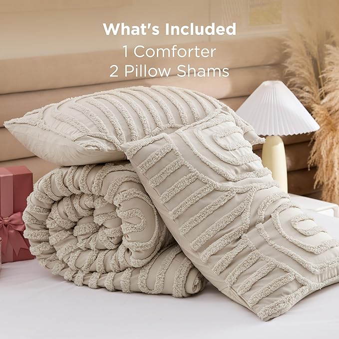 Bedsure Boho Tufted Beige Comforter King Size, GentleSoft™ 3 Pieces Boho Farmhouse Decor Bedding, Arch Shabby Chic Bedding for All Seasons, 1 Bed Comforter, 2 Pillow Shams, 104x90 Inches
