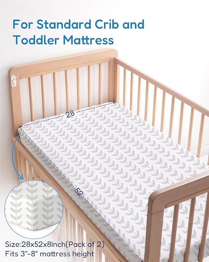Crib Sheets 2 Pack, Fitted Crib Sheet for Standard Crib Mattress 28x52x9, Ultra Soft Jersey Knit, Breathable Stretchy Deep Pocket, Snug Fit Stays Put, Baby Crib Mattress Sheet