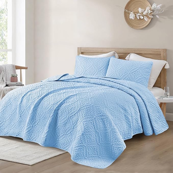 Exclusivo Mezcla Queen Quilt Bedding Set, Lightweight Soft Bedspreads Coverlets with 2 Pillow Shams, Modern Light Blue Quilts Queen Full Size for All Seasons