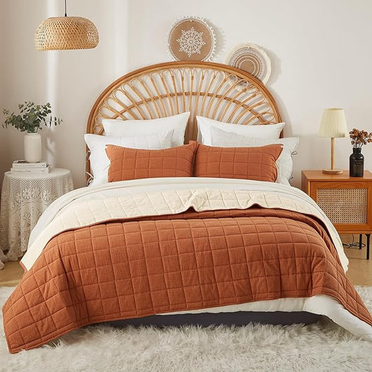 Burnt Orange Twin Quilt， Cotton Linen Twin Quilt Bedding Set，2-Pieces Quilted with Cream Stripe Coverlet Lightweight Bedding Comforters with 1 Pillow Sham