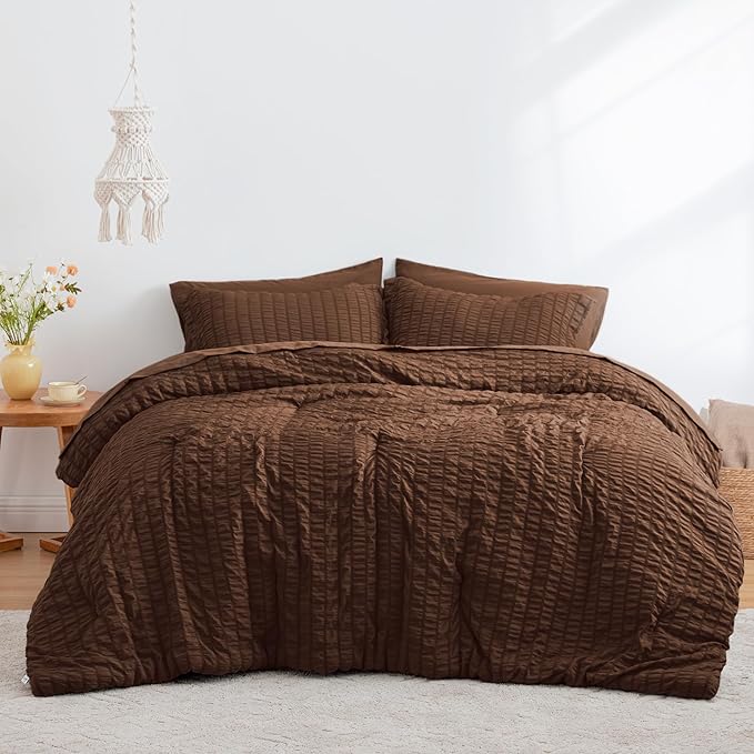 Love's cabin Seersucker Brown King Size Comforter Set, 7-Piece All Season Lightweight Bed in a Bag Bedding Set with Comforter, Flat Sheet, Fitted Sheet, Pillowcases and Shams | Soft, Breathable, Lightweight