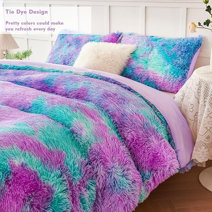 PERFEMET Fuzzy Girls Bedding Set Full Size 3 Pieces Luxury Purple and Teal Faux Fur Fluffy Comforter for Kids Teens Ultra Soft Warm Tie Dye Velvet Plush Shaggy Bed Comforter Sets(Purple Teal, Full)