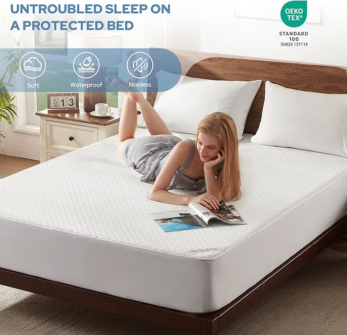 BEDLORE California King Mattress Protector, Waterproof Noiseless Mattress Cover with Deep Pocket for 6-18 inches Mattress, Soft Breathable Mattress Pad Machine Washable (White)