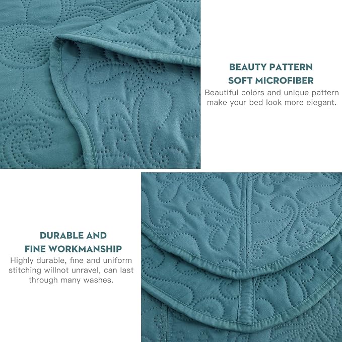 Oversized King Bedspread 138x122 Extra Wide, Ultrasonic Lightweight Bedding Cover, Paisley Pattern, Reversible, 5 Piece, 100% Microfiber, California/Alaskan King, Lagoon