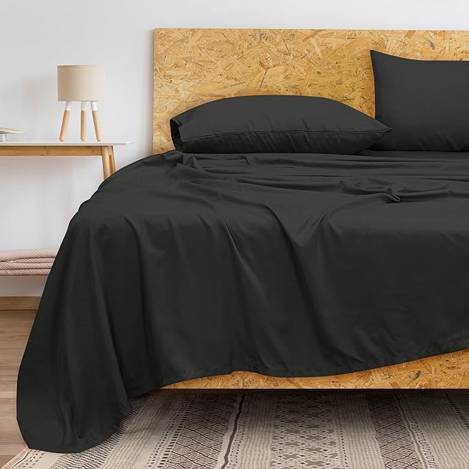 Royale Linens 300 Thread Count 100% Long Staple Combed Cotton Flat Sheet - Super Soft - Top Sheets - King Flat Sheet Sold Separately - Breathable, Cool & Crisp Percale Sheets Only (King, Black)