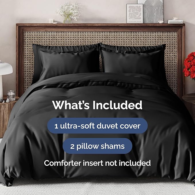 Black Duvet Cover Queen Size - Extra Soft Queen Size Duvet Cover - Lightweight, Comfy, Cozy & Breathable - Easy Care & Fade Free with Zipper Closures & Ties - 90" x 90" Inches - Comforter Not Included