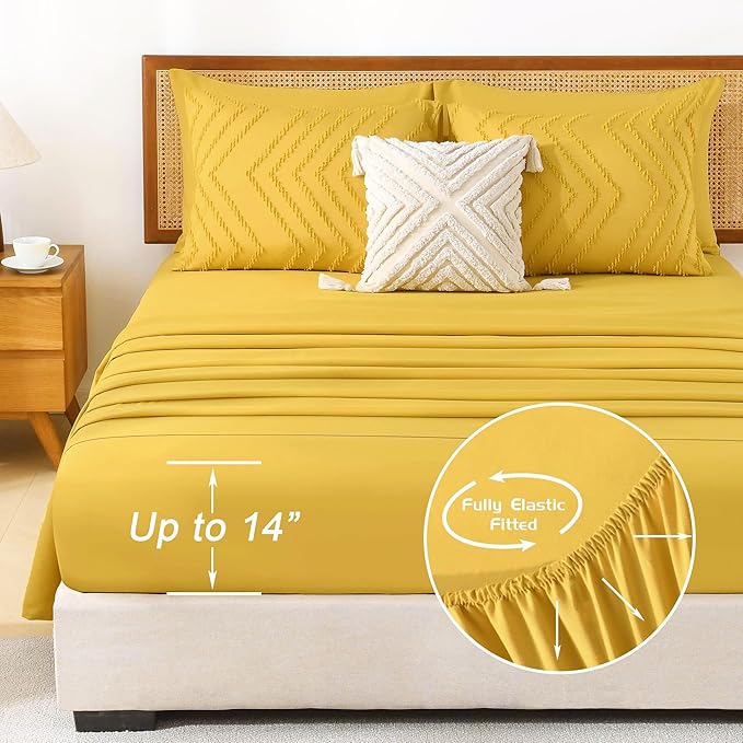 Litanika Queen Size Comforter Set with Sheets Mustard Yellow - 7 Pieces Bed in a Bag Queen Chevron Tufted Complete Bedding Sets with Comforter, Sheets, Pillowcases & Shams