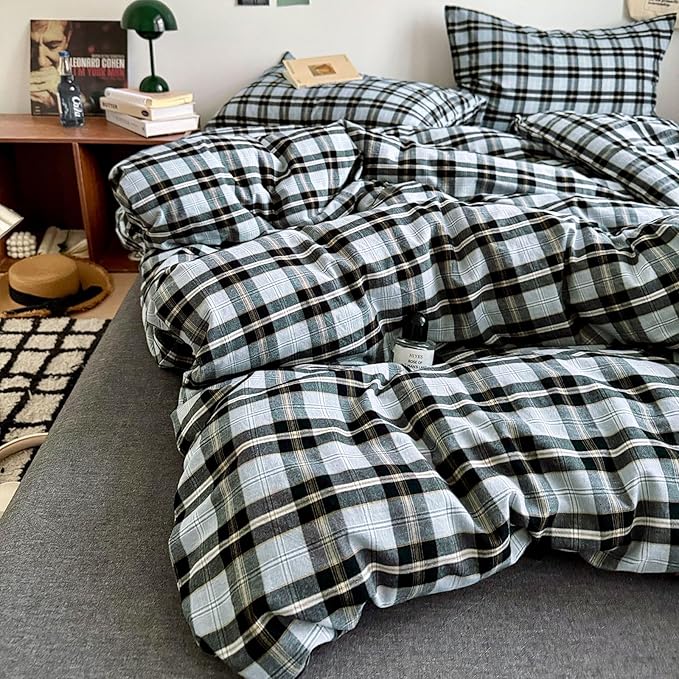 LifeTB 3 Pieces Plaid Comforter Set Full Size, Soft Fluffy Vintage Plaid Checkered Comforter with 2 Pillowcases, Lightweight Breathable Grey Black Gingham Bedding Comforter Farmhouse Grid Bedding Set