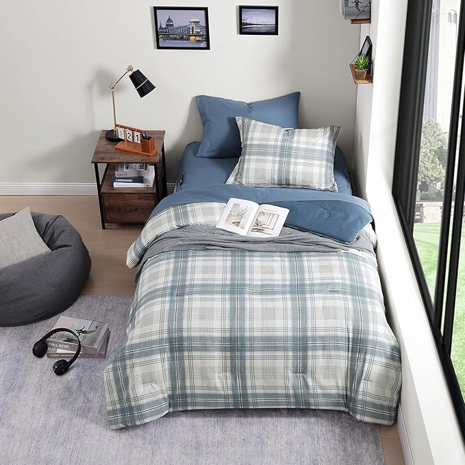Twin XL Comforter Set, Blue Grey Plaid Bedding Set 5 Piece for Boys Girls Teen, Classic Homestead-Style Kids Comforter Set Bed in A Bag with Sheets, Pillowcase & Sham
