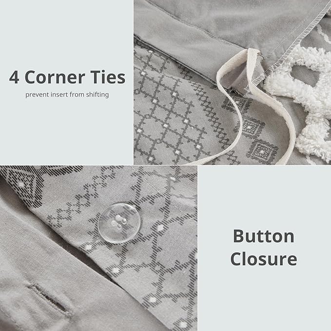INK+IVY Imani 100% Cotton Duvet Mid Century Modern Design, All Season Comforter Cover Bedding Set, Matching Shams, Full/Queen, Gray Chenille Tufted Accent 3 Piece