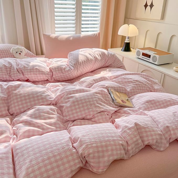 mixinni Light Pink Gingham Duvet Cover Set King Size - 100% Washed Cotton 3 Piece Plaid Checkered Bedding Set, Soft Comfy Grid Farmhouse Comforter Cover with Zipper Closure & Corner Ties