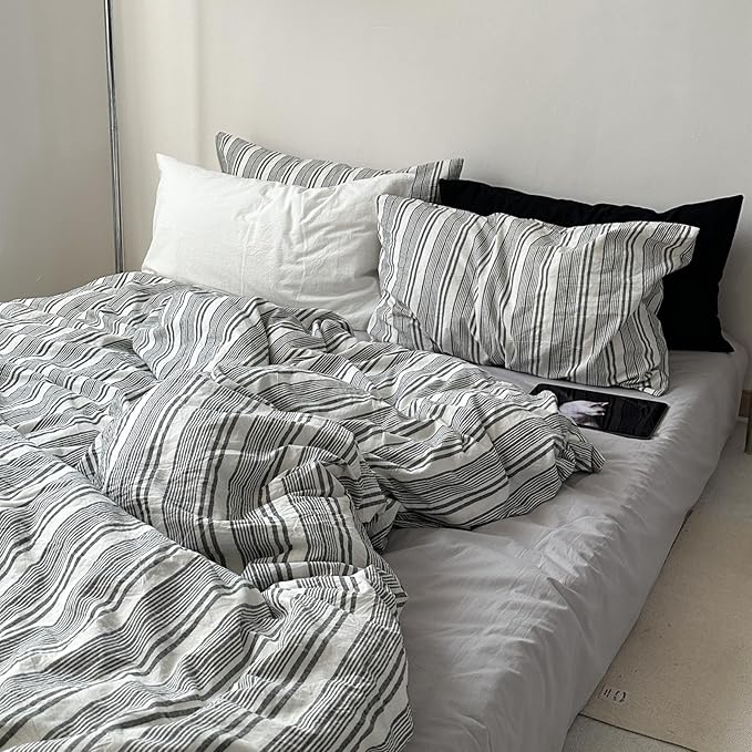 VM VOUGEMARKET Striped Duvet Cover Set Queen Size - 3 Pieces Washed Cotton Bedding Set,Preppy Style BoysComforter Cover for College Dorm,90"x90",Dark Grey&White