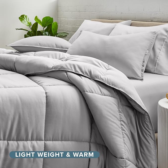 Bare Home Bed-in-A-Bag Comforter & Sheet Set - Twin XL - Goose Down Alternative - Ultra-Soft 1800 Premium Bed Set (Twin XL, Light Grey/Light Grey)