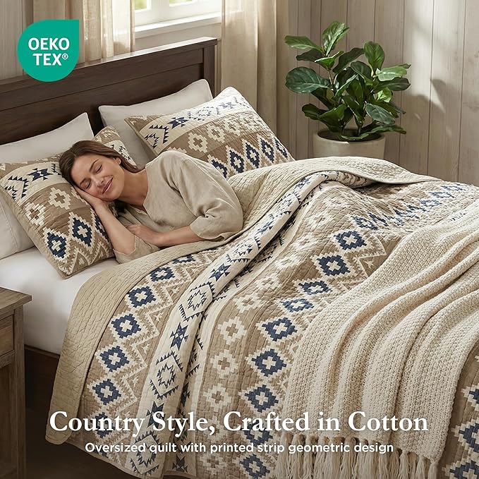 Woolrich Reversible Quilt Cabin Lifestyle Design - All Season, Breathable Coverlet Bedspread Bedding Set, Matching Shams, Oversized Full/Queen, Montana Tribal Tan 3 Piece