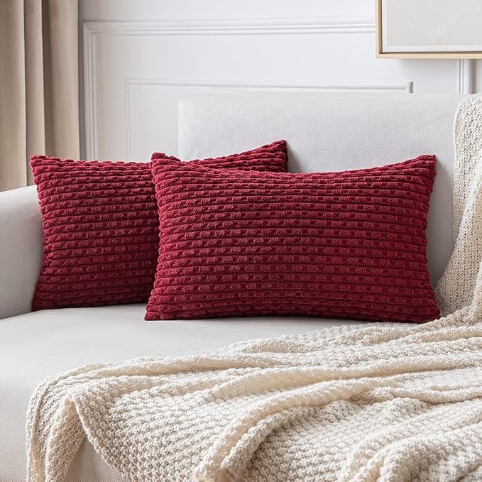 MIULEE Wine Red Throw Pillow Covers Soft Corduroy Decorative Set of 2 Boho Striped Pillow Covers Pillowcases Farmhouse Home Decor for Couch Bed Sofa Living Room 12x20 Inch