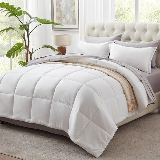 Anluoer King Size Bed in a Bag 7 Pieces, White Comforter Set with Sheets, All Season Bedding Sets with 1 Comforter, 2 Pillow Shams, 2 Pillowcases, 1 Flat Sheet, 1 Fitted Sheet