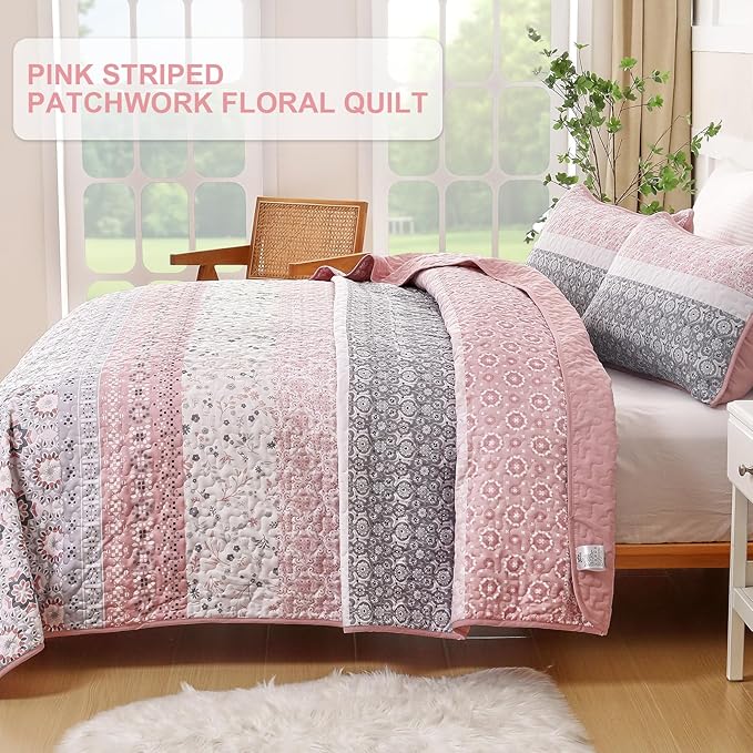WONGS BEDDING Boho Quilt Set Queen, Bohemian Pink Striped Patchwork Bedspread Coverlet Set with 2 Pillowcases,Lightweight Microfiber Floral Bedding Set 96"×90"
