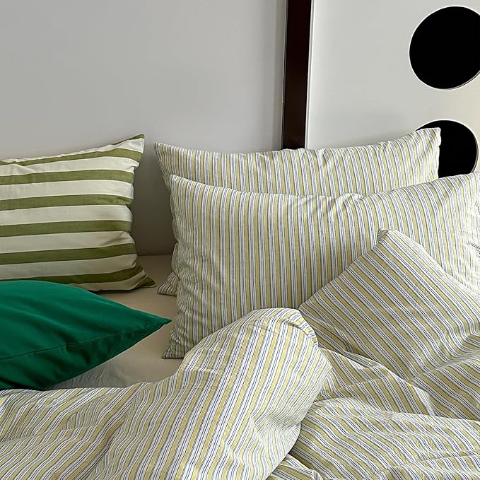 mixinni Vintage Geometric Striped Duvet Cover Set - 3 Piece 100% Washed Cotton Queen Size Bedding Set with Matching Pillowcases | Mid-Century Modern Design | Ultra Soft & Breathable-Queen Size