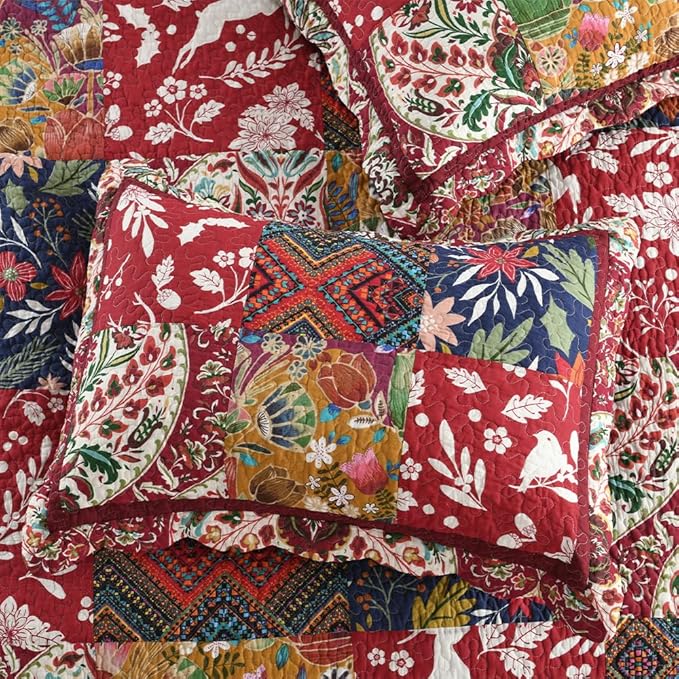 ENASAL Cotton Bedspread Quilt Sets Reversible Bedding Coverlet Sets Comforters Vintage Luxury Damask Floral Real Patchwork Burgundy Bedspread,King Size | Breathable material, Cotton soft durable, Reversible, Jacquard stitching, Machine waschable