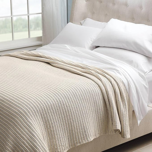 Cuddledown Dobby Weave Cotton Blanket | Made in USA | 100% American-Grown Cotton | All Season Comfort | 50" x 70" | Throw | Natural & Navy