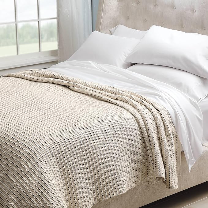 Cuddledown Dobby Weave Cotton Blanket | Made in USA | 100% American-Grown Cotton | All Season Comfort | 66" x 90" | Twin | Natural & Navy