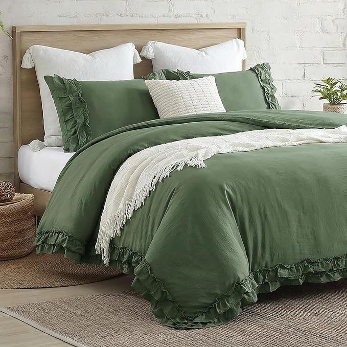Bedorm Boho King Duvet Cover Olive Green Bedding Set Shabby Chic Lace Fringe Ruffle Bedding Super Soft Warm Farmhouse Comforter Cover 3 Pcs Sets