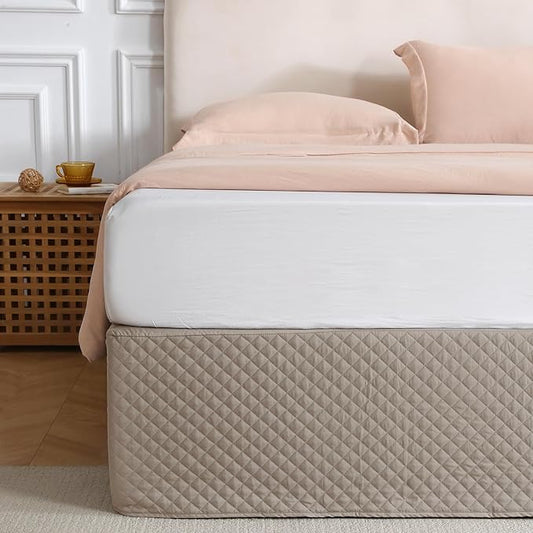 Full Size Khaki Bed Skirt with 14-Inch Drop, Easy Fit Wrap-Around Cover for Bed, Wrinkle-Free and Fade-Resistant Box Spring Cover. (Linen Grid, Full)