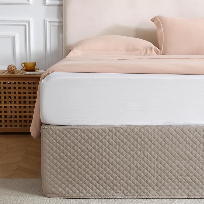 Queen Size Khaki Bed Skirt with 14-Inch Drop, Easy Fit Wrap-Around Cover for Bed, Wrinkle-Free and Fade-Resistant Box Spring Cover. (Linen Grid, Queen)